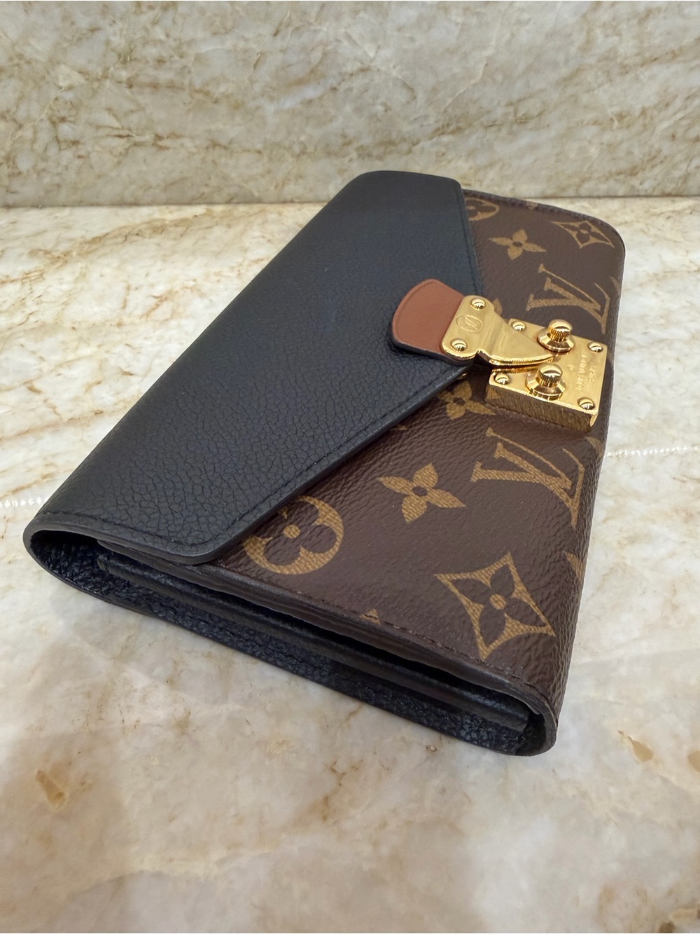 Louis Vuitton Brown Monogram & Black Leather wallet with Gold Hardware - Picture 4 of 6